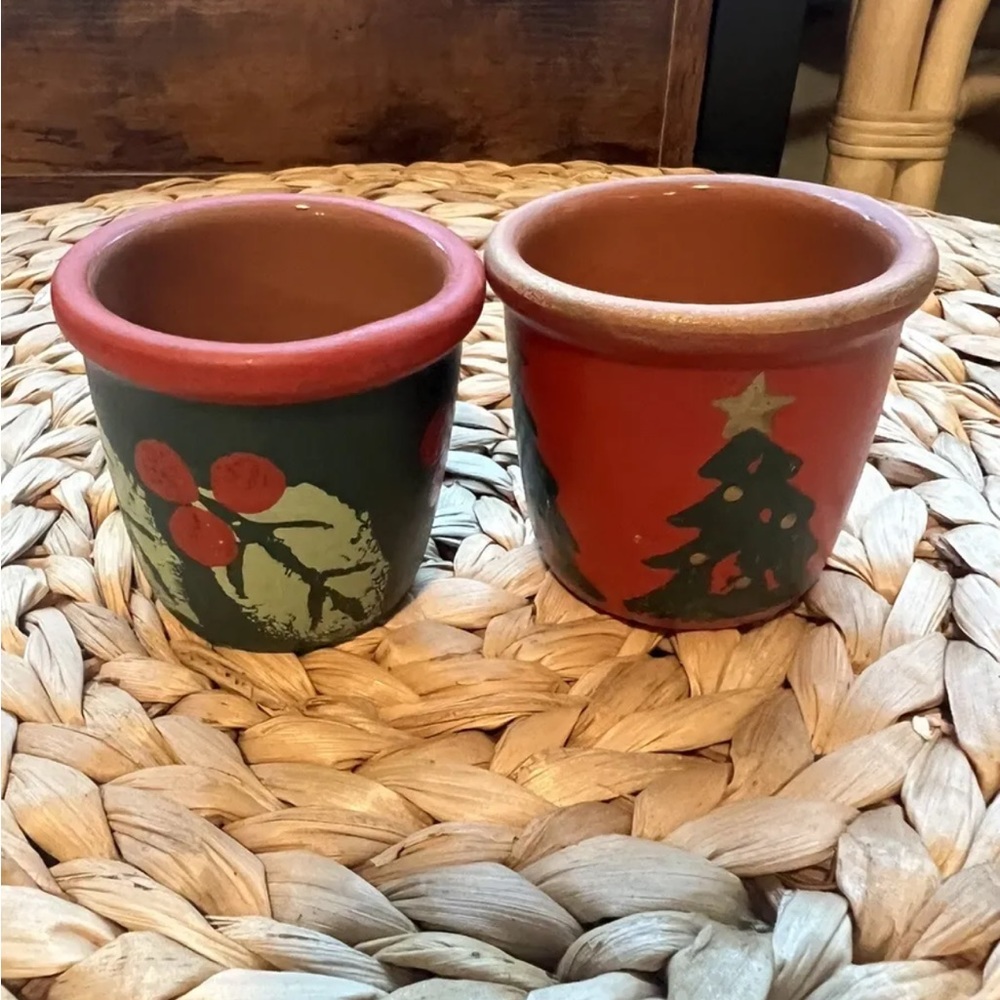 2 Hand painted Christmas Small Votive Holly/Christmas Trees 3in Tall/diameter